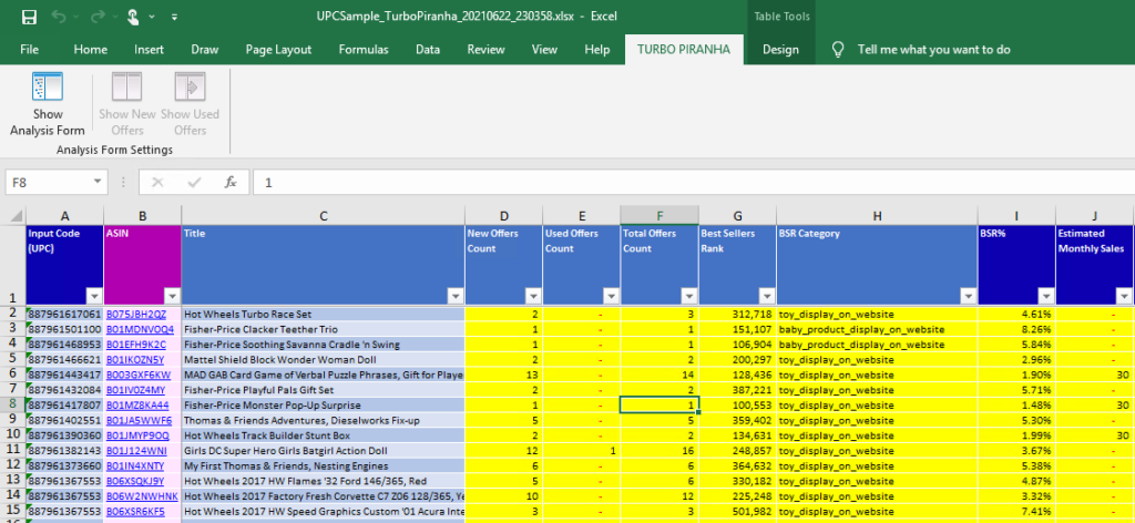 Turbo Piranha Menu on Excel